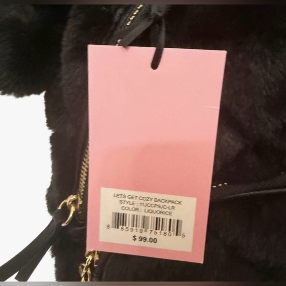 Juicy Couture NWT Black “ Let's Get Cozy” Fur Backpack Heart Pom Pom Keychain - Picture 6 of 11